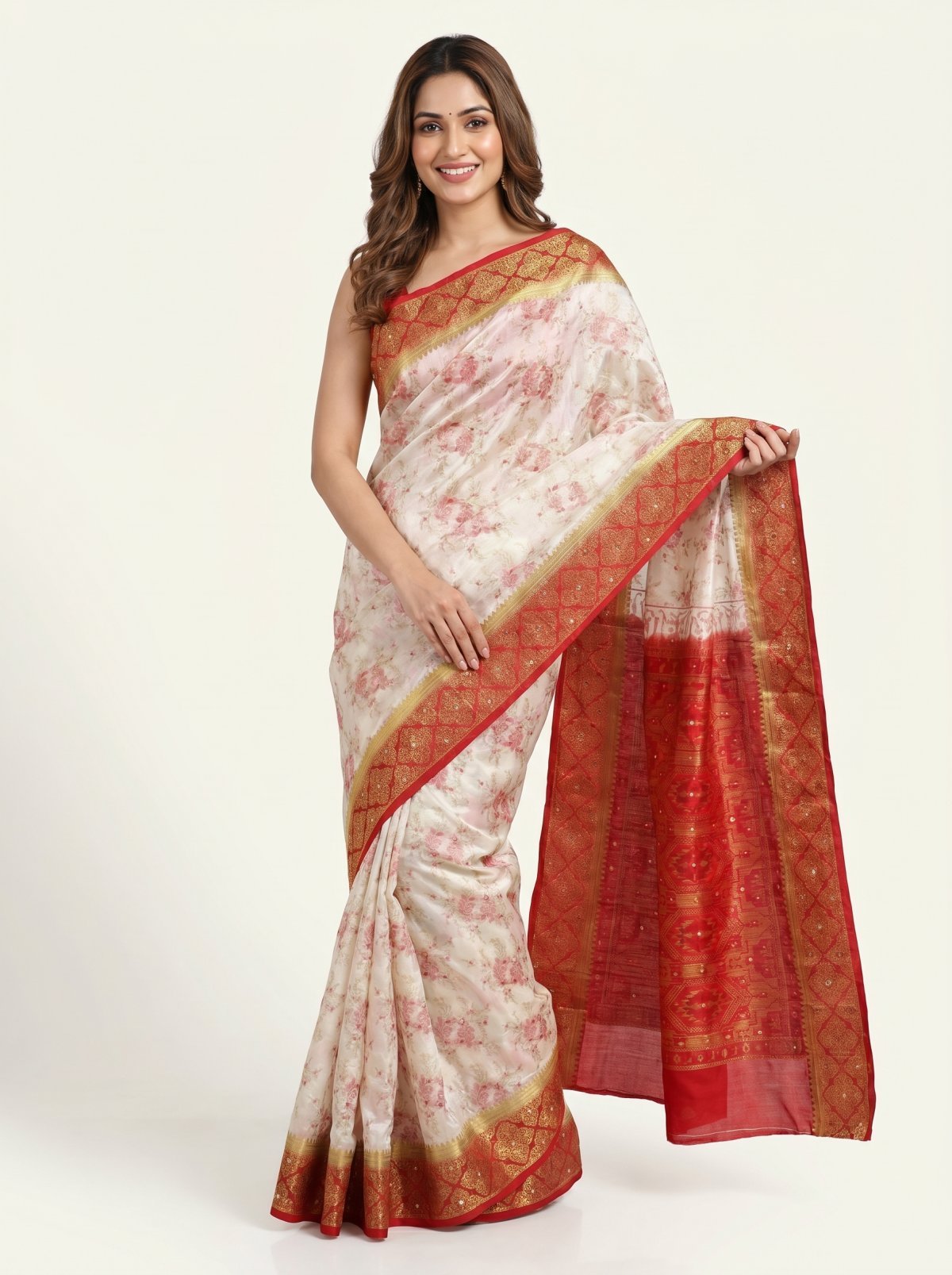 Ivory Floral Digital Print Silk Saree with Crimson Banarasi Pallu