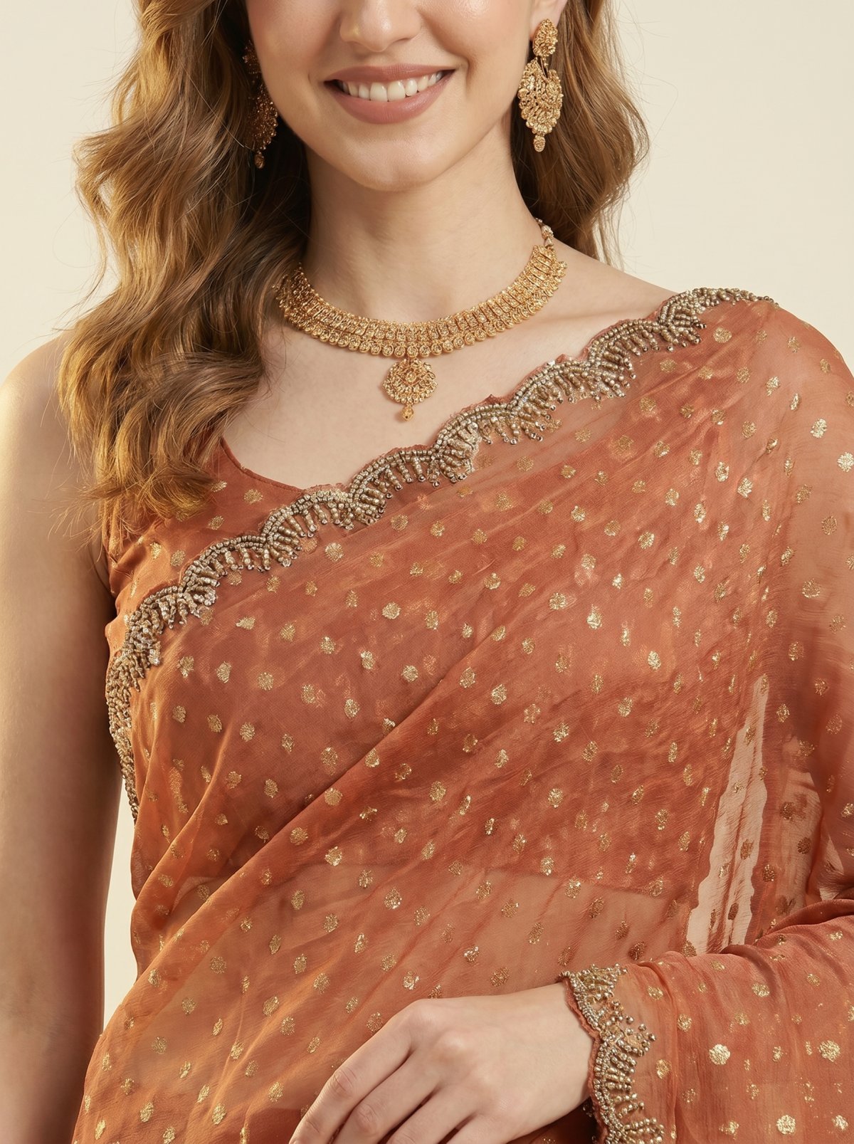 Russet Bandhej Chiffon Saree with Gold Scallop Border