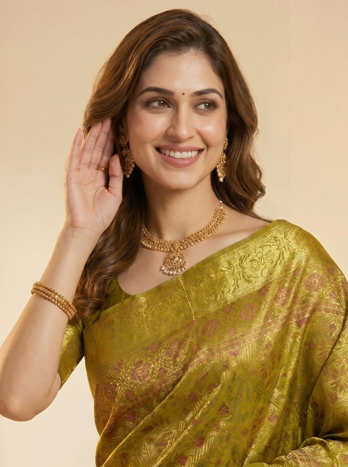 Olive Gold Kanjivaram Silk Saree with Floral Zari Brocade Pallu