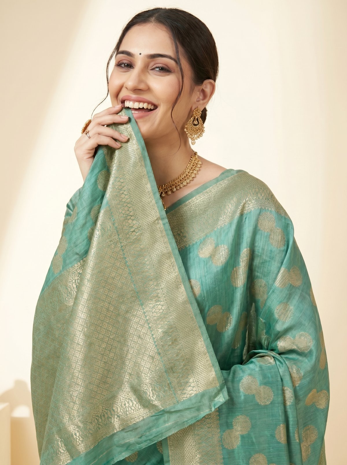 Teal Blue Banarasi Silk Saree with Gold Zari Booti and Wide Pallu