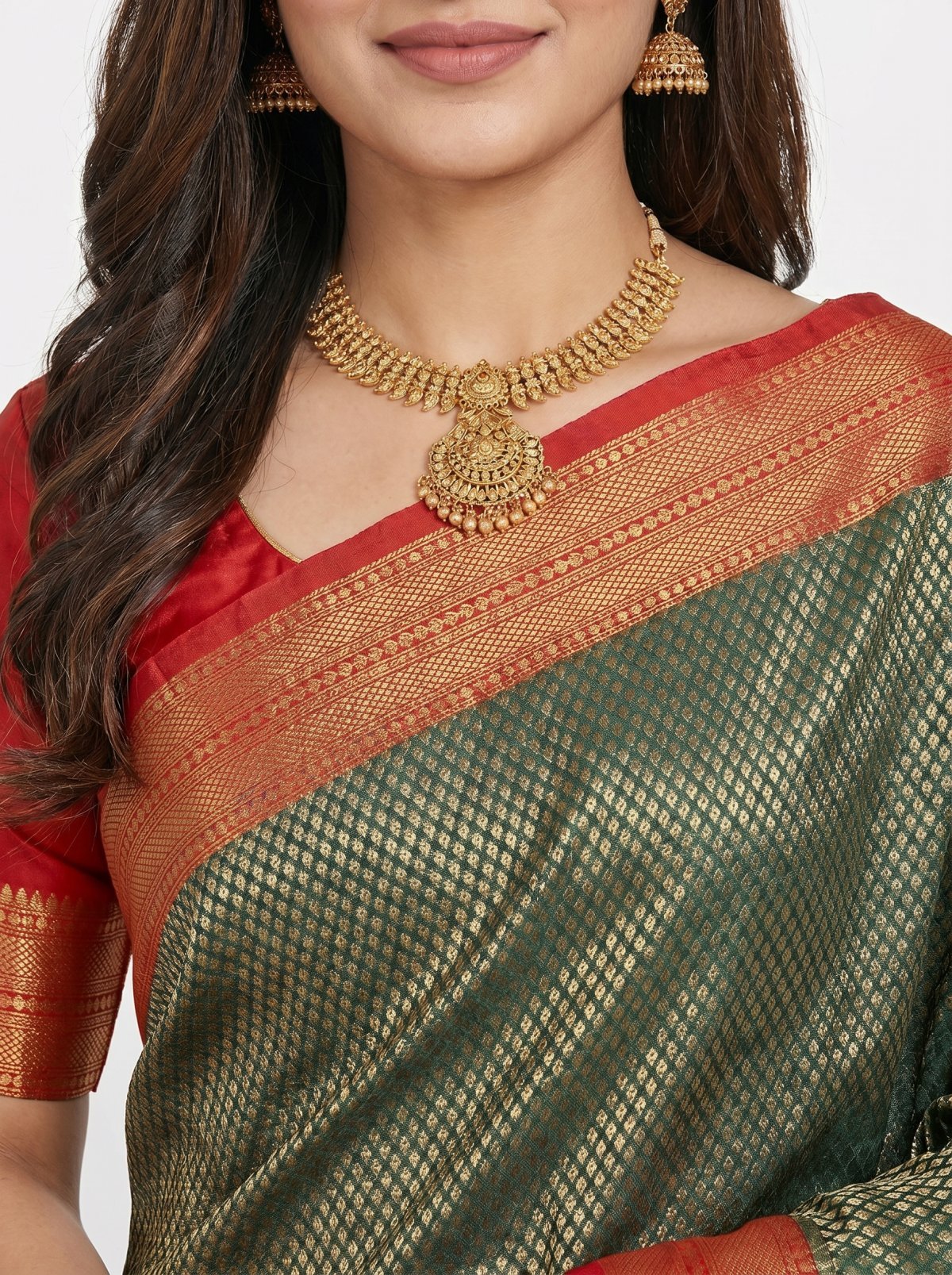 Forest Green Katan Silk Saree with Antique Red-Gold Zari Border