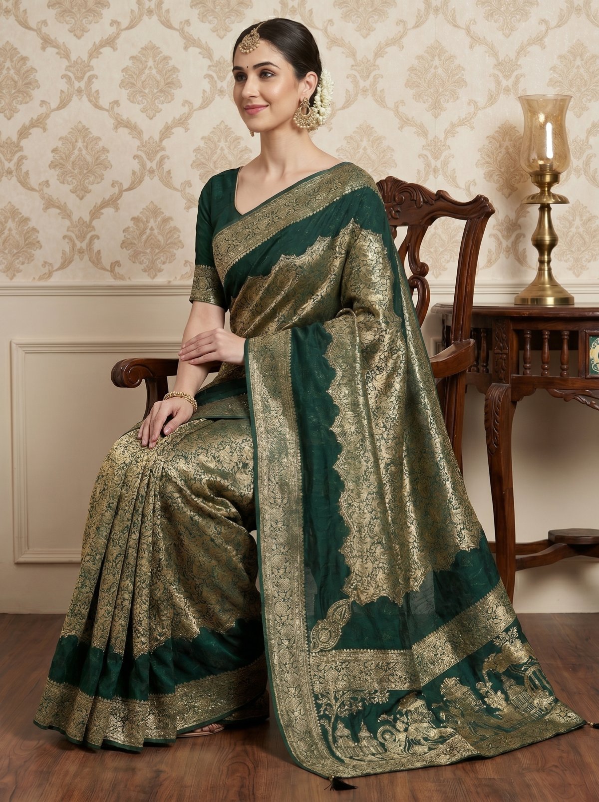 Emerald Green Banarasi Tissue Saree with Antique Gold Brocade Pallu