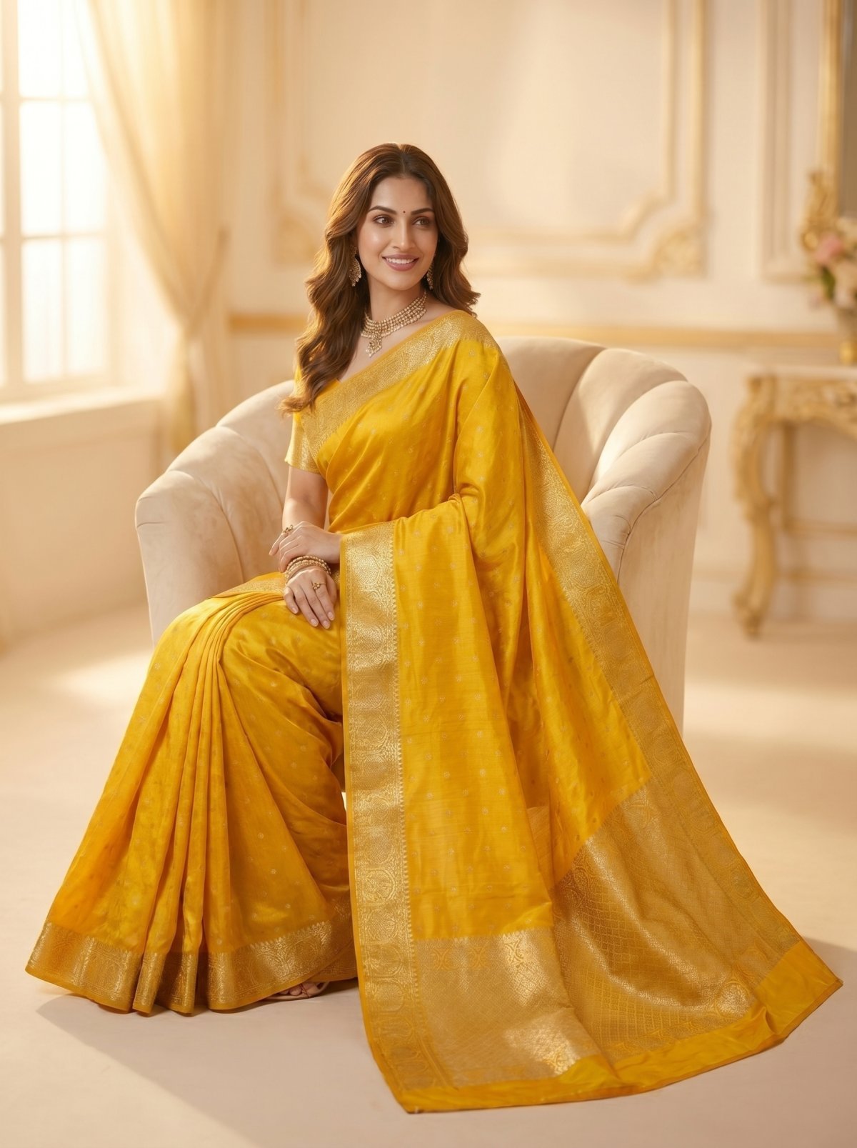 Marigold Yellow Banarasi Satin Silk Saree with Silver Zari Booti