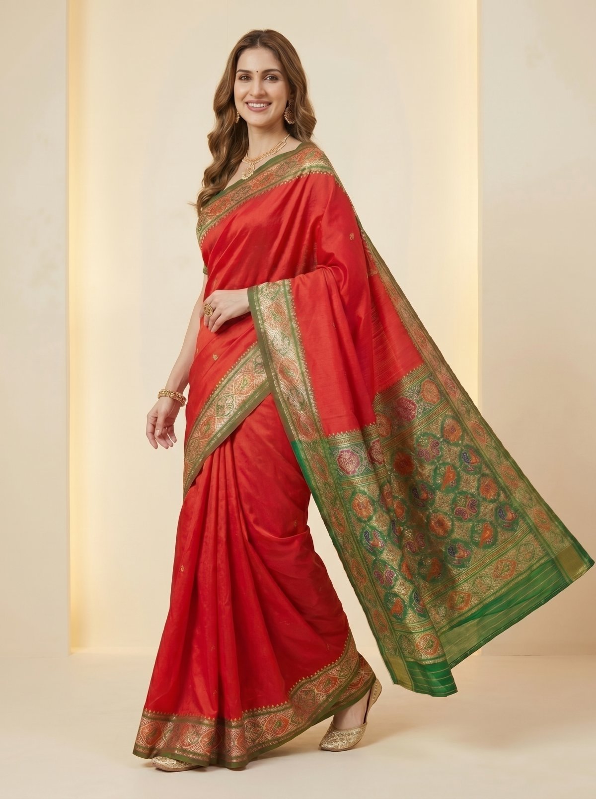 Scarlet Red Kanjivaram Silk Saree with Green-Gold Peacock Zari Pallu