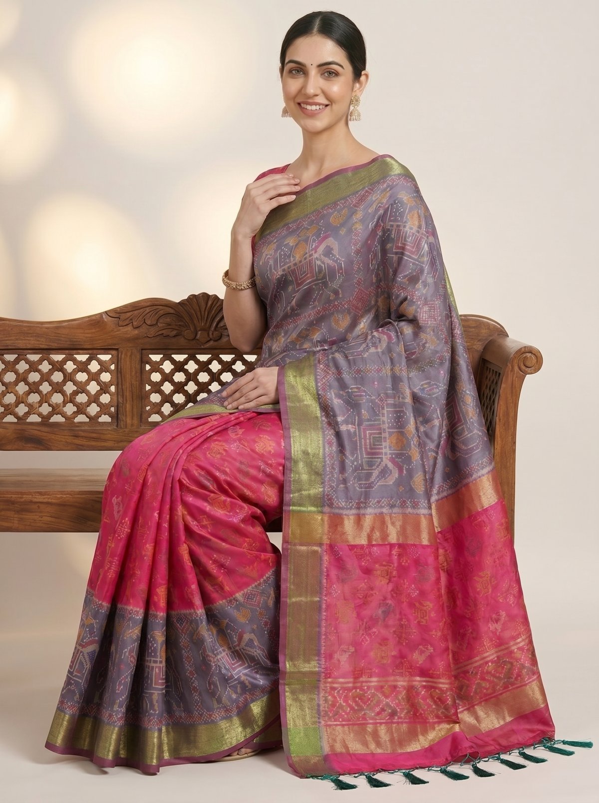 Dual Ikat Silk Saree – Grey-Purple & Hot Pink with Gold Tassel