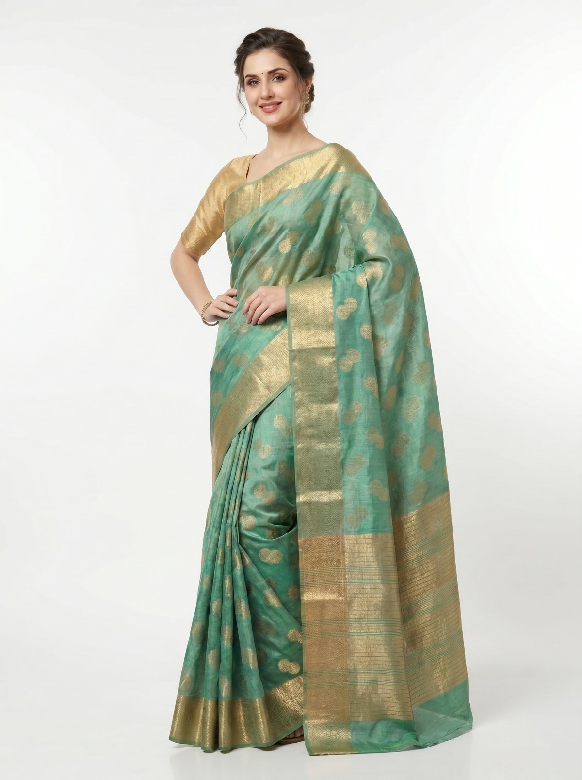 Mint Green Chanderi Silk Saree with Gold Zari Cloud Booti